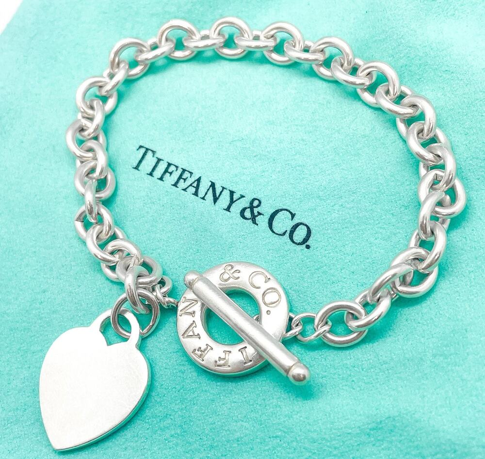 Tiffany & Co. Blank Heart Charm Toggle Bracelet Sterling Silver 8.5" w/ Pouch